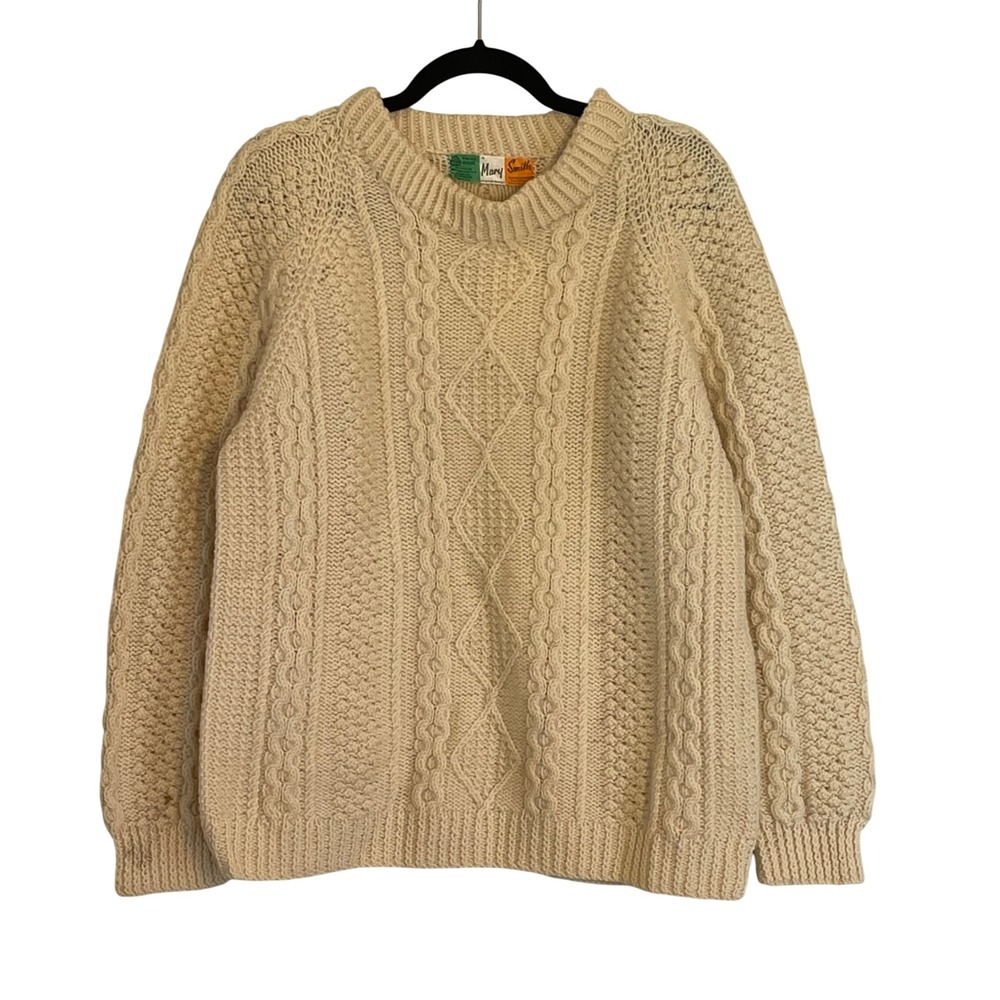 Mary Smith Handmade Irish Wool Aran Cable‎ Knit Sweater Cream Vintage Ireland